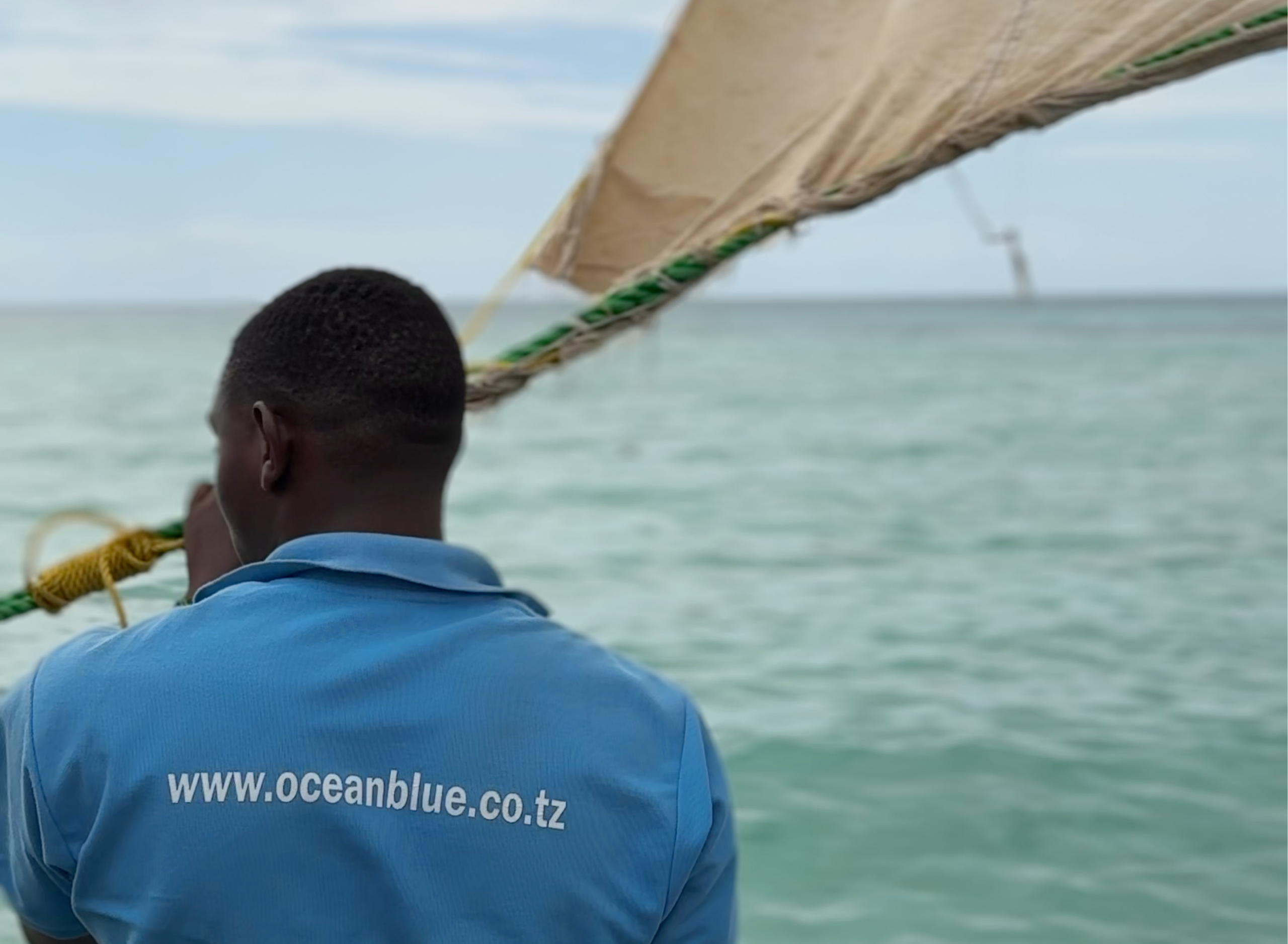 Ocean Blue crew member on a dhow looking out to sea in Zanzibar